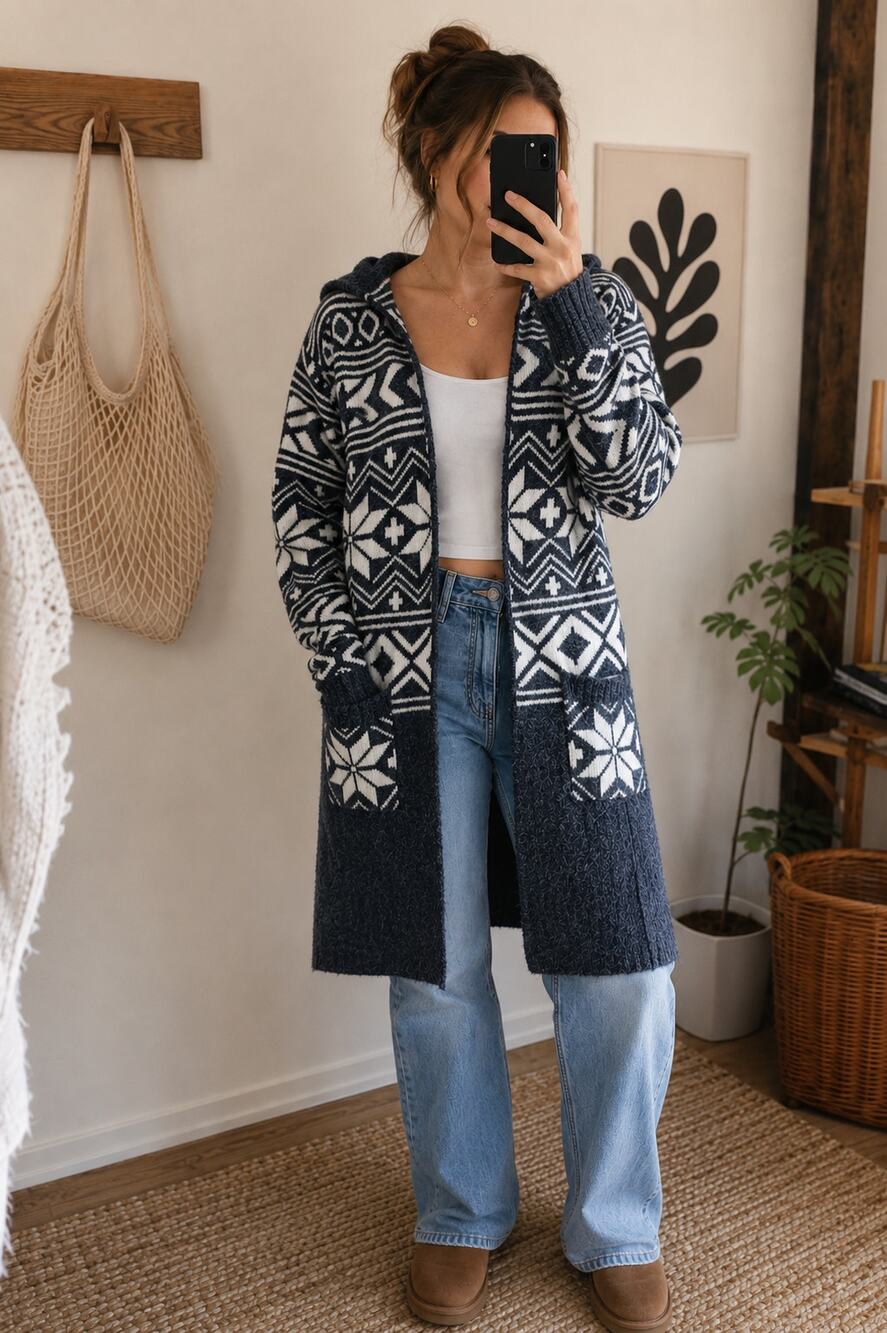 Monteau Los Angeles Long Hooded Fair Isle Sweater Cardigan Medium
